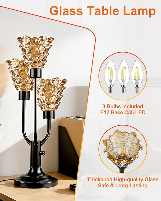 Glass Vintage Table Lamp Dimmable Nightstand Lamp Mid Century Modern Black Desk Lamp Brown Glass 3 Bulbs Included Warmwhite Ambient Bedside Lamps for Living Room Bedroom Office Home Decor
