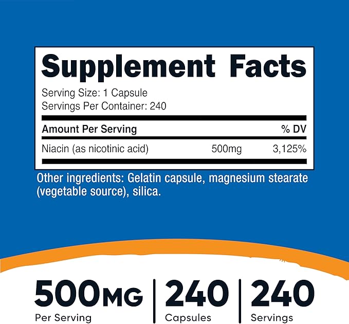 Nutricost Niacine (Vitamine B3) 500mg, 240 Gélules - Avec Effet Flushing, Sans OGM, Sans Gluten
