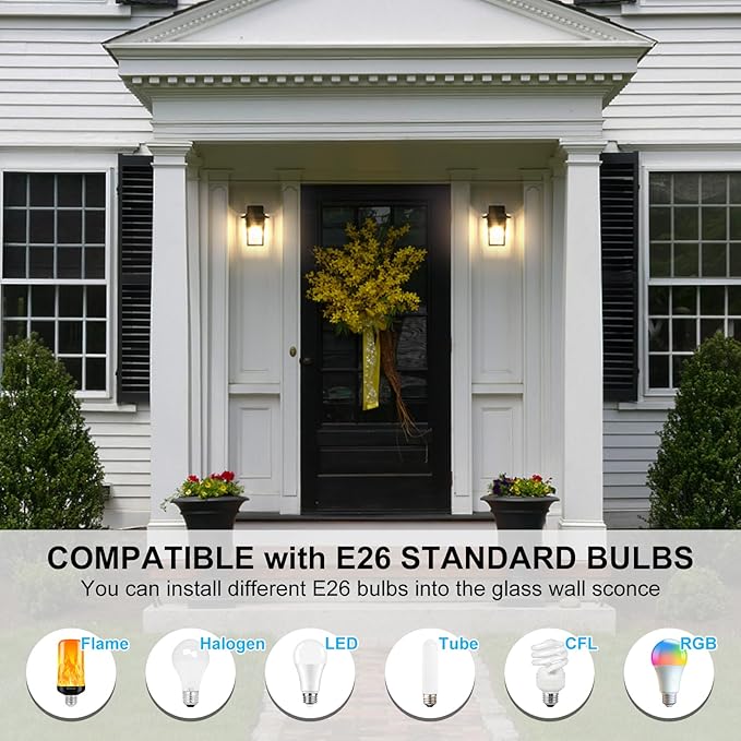 ChangM Outdoor Wall Light Fixtures,Sensor Porch Lights, Outdoor Waterproof Wall Sconce Light Fixture with E26 Base and Glass Lampshade,Black Anti-Rust Aluminium Modern Outdoor Wall Lantern 2 Pack