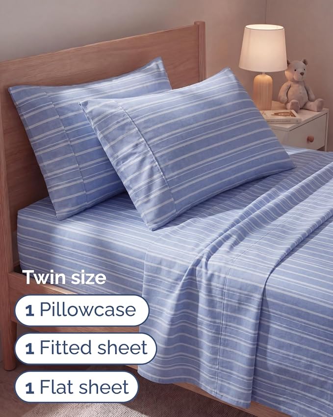 Twin 4 Piece Sheet Set - Comfy Breathable & Cooling - Soft Hotel Luxury Bedding Set with 8-16 Inch Deep Pockets - 1 Flat & 1 Fitted Sheet & 2 Pillowcases - Wrinkle Free & Easy Care - Blue Stripes 3
