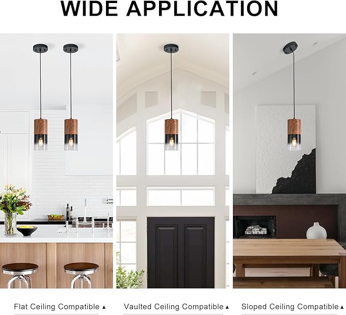 2-Pack Modern Pendant Lights for Kitchen Island, Adjustable Black Pendant Light Fixtures with Brown Wood Grain, Industrial Glass Pendant Lights for Dining Table Hallway Bedroom Living Room