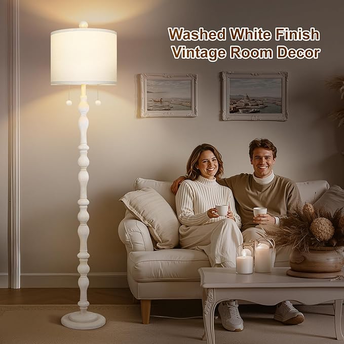 Scenekoy 65.5” Natural Real Wood Floor Lamp for Living Room Bedroom, Dual S Cluster Socket, Pull Chains Switch, Farmhouse Tall Standing Lamp with Linen Shade for Home Room Decor (Bulbs Included)