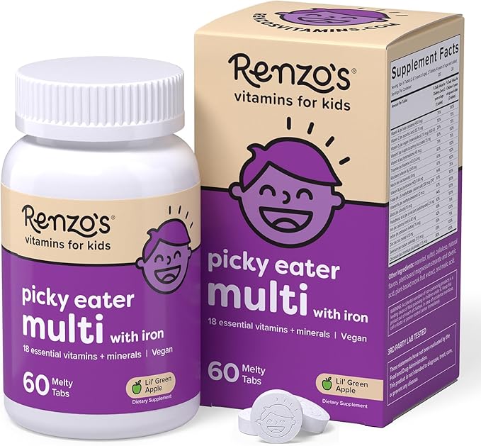 Renzo's ピッキーイーター キッズ マルチビタミン（鉄分配合）、ビタミンD3とK2などを配合した溶ける子供用ビタミン、砂糖不使用のメルティタブ60錠、リルグリーンアップル風味