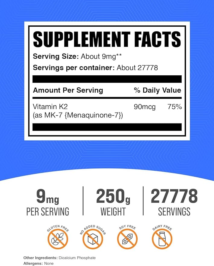 BulkSupplements.com Poudre de vitamine K2 - Vitamine K2 MK-7, sous forme de poudre de ménaquinone - Supplément de vitamine K2 pour le bien-être, sans gluten, 9mg par portion, 250g (8.8 oz) (Lot de 1)