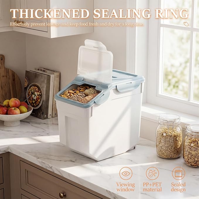 Rice Storage Container 55 lbs, Airtight Flour Storage Container w/ 6 Snaps & Silicone Seal, Slanted Open & Clear Lid, 2 Wheels for Easy Move,Food & Cereal Storage,Cooking 2-Pack w/ Measuring Cup Blue