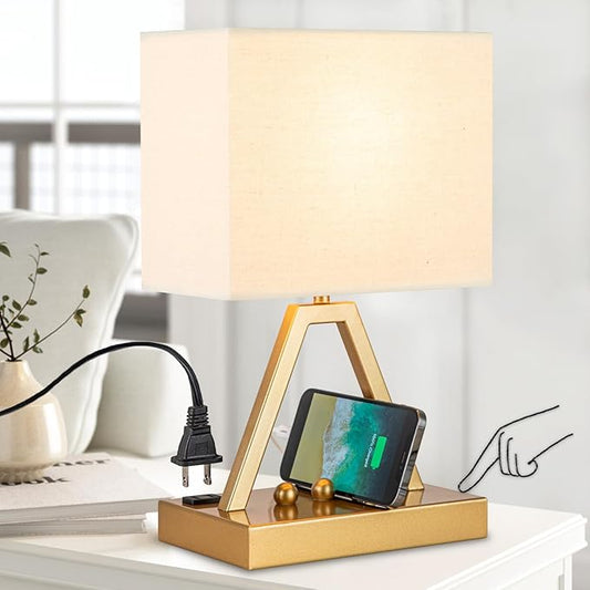 Briever Touch Control Table Lamp, 3-Way Dimmable Desk Lamp with USB C & USB A and AC Outlet, Bedside Lamp with Phone Stand and Fabric Shade for Bedroom, Living Room,Bulb Included, Gold