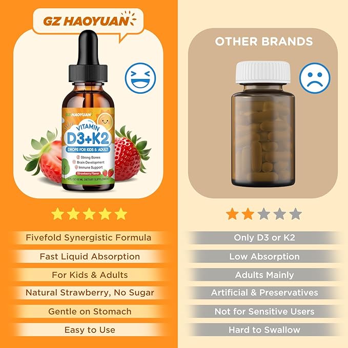 Gouttes de Vitamine D3 K2 pour Enfants, Supplément Liquide de Vitamine D3 avec Calcium, Oméga 3, Zinc pour l'Absorption du Calcium, Santé des Os, Développement Cérébral et Système Immunitaire, Sans OGM, Végan, Saveur Fraise 120 ml