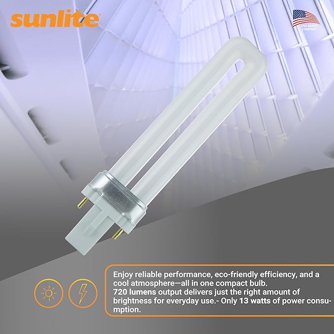 Sunlite PL13/SP41K Compact Fluorescent Single U-Shaped Twin Tube Light Bulb, 13 Watts, 120 Volts, 720 Lumens, 2-Pin GX23 Base, 4100K Cool White, 10 Pack