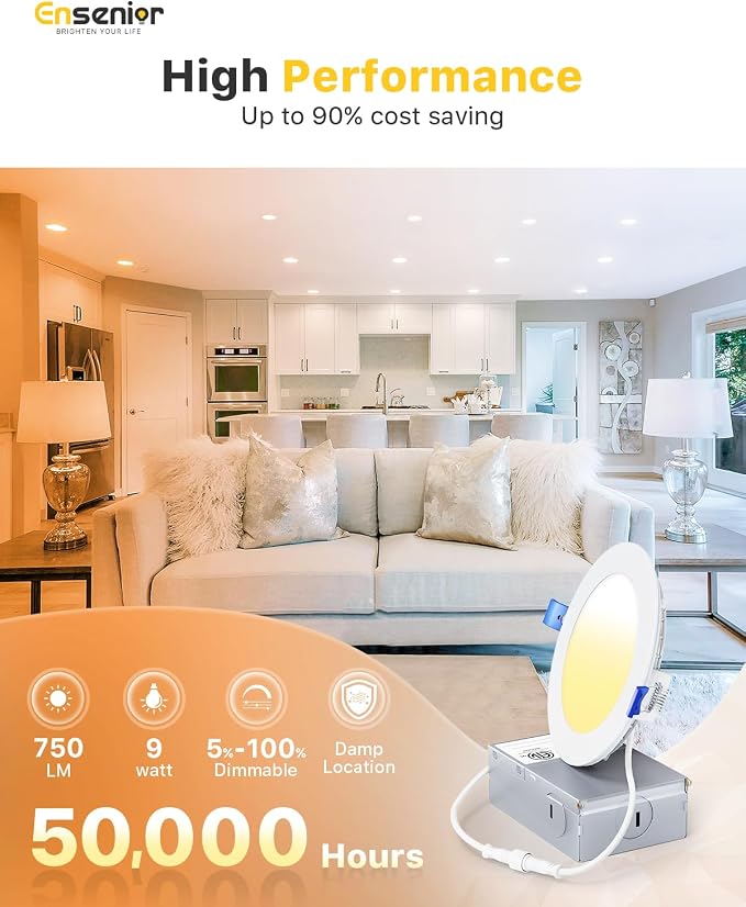 Ensenior 4 Pack 4 Inch LED Recessed Light, Dimmable, 5000K Daylight, 750LM High Brightness, 9W 120V, Damp Rated, Ultra-Thin Canless Wafer Ceiling Light - ETL & FCC & IC