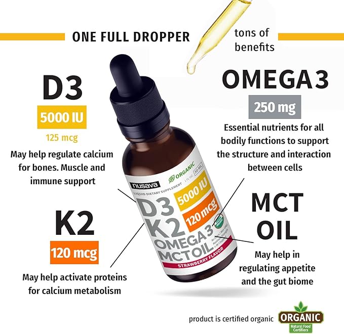 NUSAVA Strawberry Flavored D3 K2 Liquid Drops and Vanilla Flavored D3 K2 Liquid Drops Bundle - Potent Liquid Vitamins for Heart, Joint, Bone, Muscle, & Immune Support - Non-GMO, Gluten-Free, 2pk Each