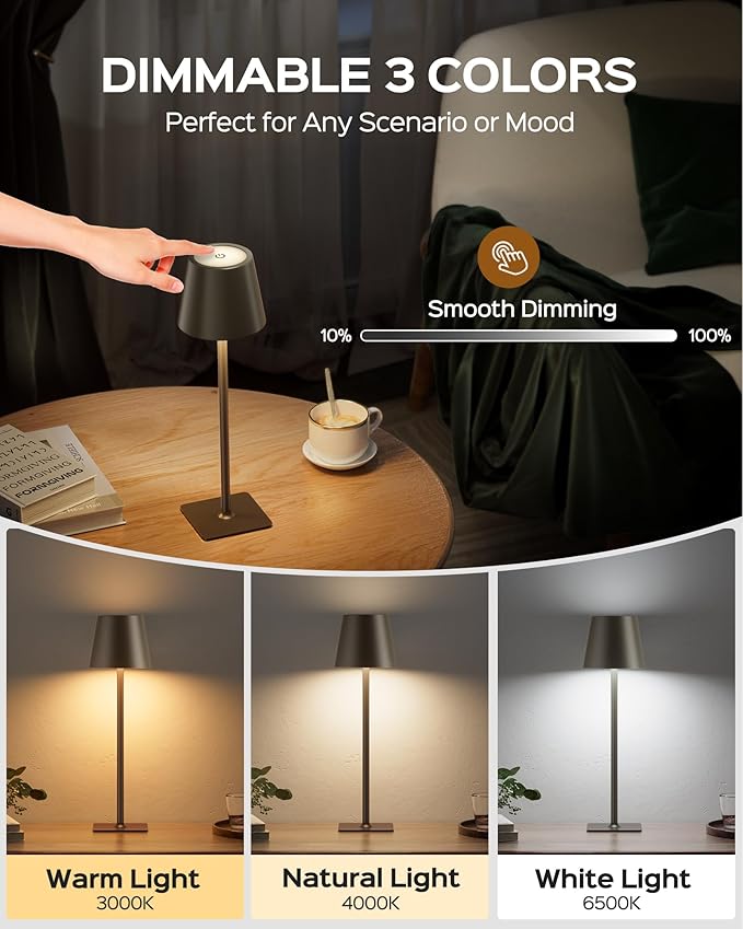 JACKYLED Cordless Lamp DIY Height, 3 Color Stepless Dimming, 5000mAh Battery Operated Lamp Portable Rechargeable for Bedroom Dinning Kitchen, Golden Bronze, 2 Pack