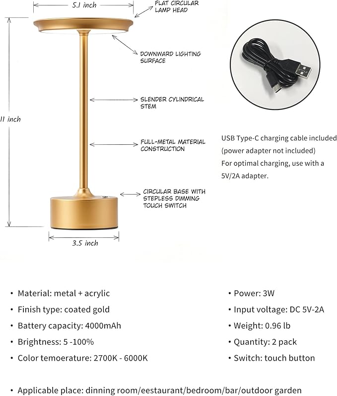 PUSU Rechargeable Table Lamps Set of 2, Gold Cordless LED 4000mAh Battery Desk Lamp, Stepless Dimming & 3 Color 2700K-6000K, Portable Lamp for Bedroom, Living Room, Restaurant, Outdoor, Night Light