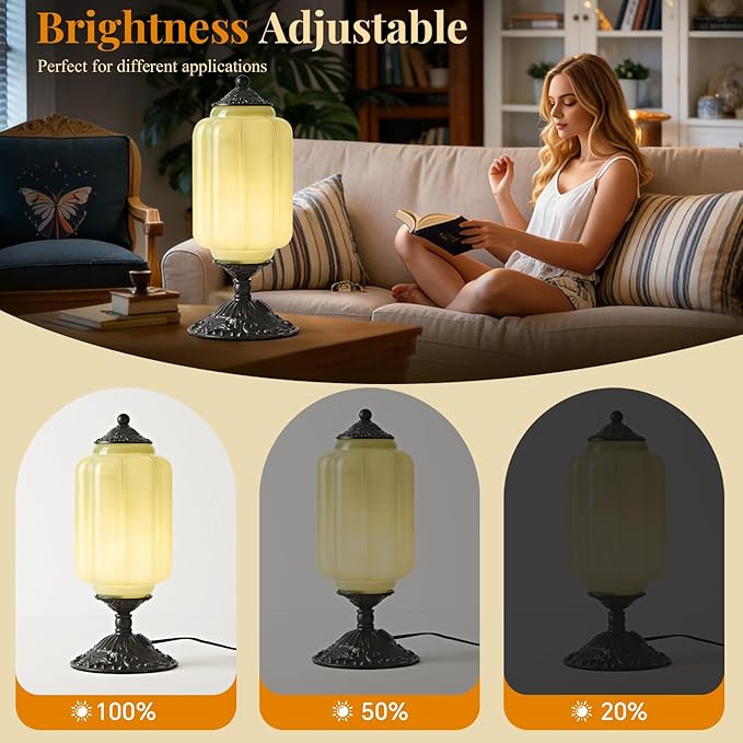 Milk Glass Table Lamp, Touch Control with USB Charging Port Vintage Bedside Desk Lamp Stepless Dimming for Bedroom Living Room Nightstand Led Bulbs Included （Green）