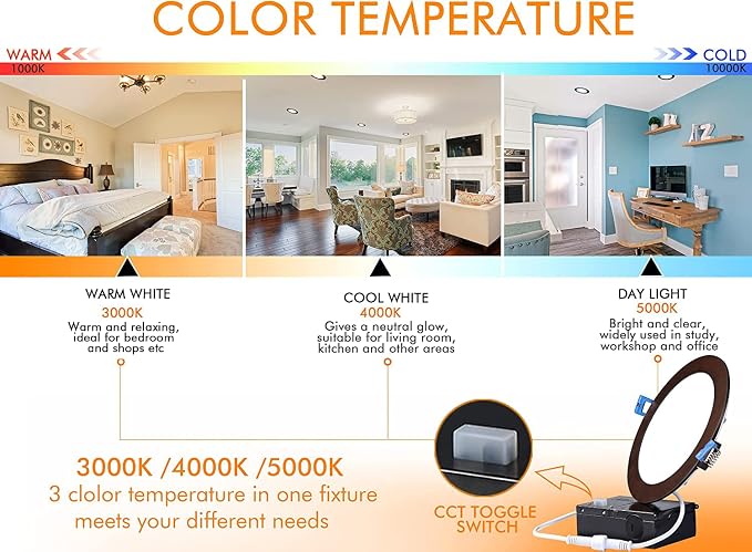Cloudy Bay 6 inch 3000K/ 4000K/ 5000K Three Color Temperature Selectable,Dimmable 15W CRI90+,Ultra Thin LED Recessed Light with Junction Box,IC Rated, Canless Wafer Downlight, Oil Rubbed Bronze,6 Pack