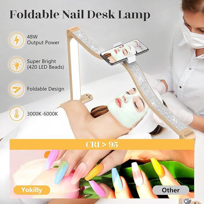 Yokilly Arc Half Moon Light: 34" Shadow-Free Half Moon Light for Desk Salon - Foldable LED Desk Lamp with Stepless Brightness for Manicurist (Gold)