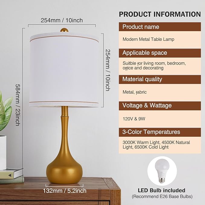 23" Farmhouse Table Lamp Set of 2, Golden Metal Modern Bedside Lamps for Living Room, 3 Color Temperature Rustic Table Lamps for Bedroom, Night Stands, Dorm,Office, Home Décor (Bulb Included)