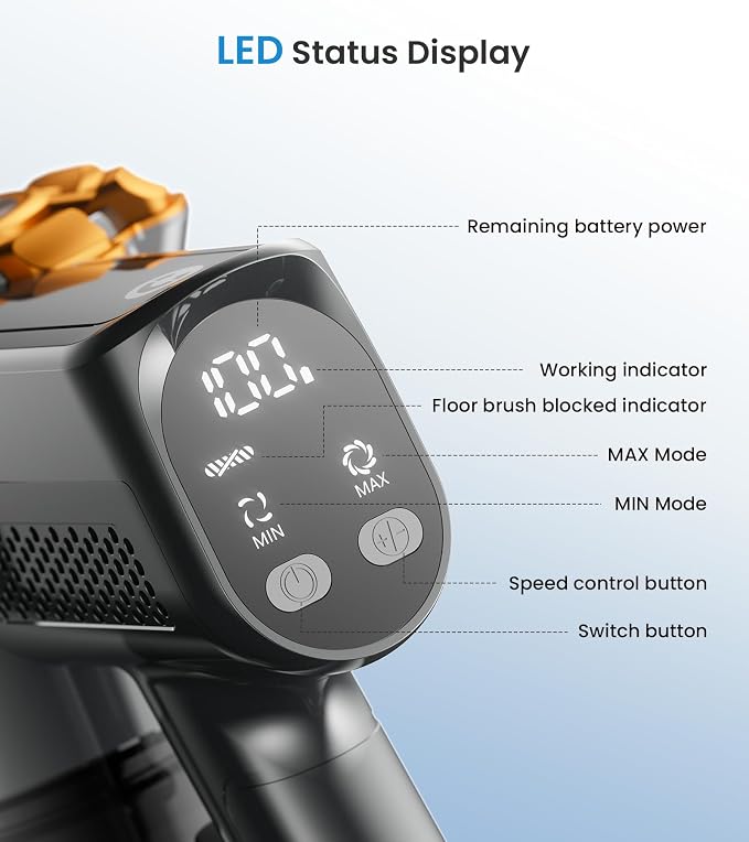 CHEBIO Cordless Vacuum Cleaner, 550W/45Kpa Vacuum Cleaners for Home with LED Display, Anti-Tangle&Wall Mount, 65Mins Wireless Vacuum, 8 in 1 Lightweight Stick Vacuum for Hard Floor/Carpet/Hair (Gold)