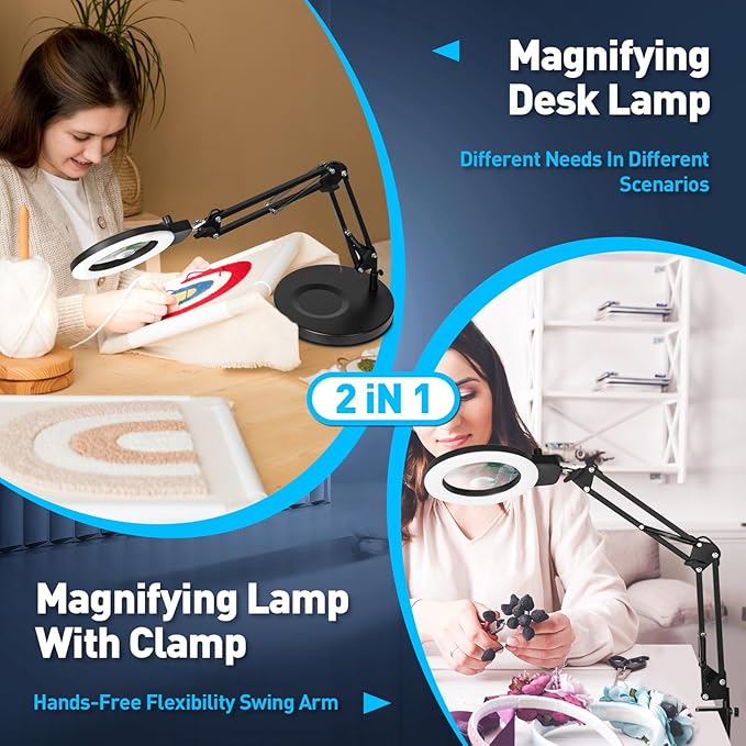 KIRKAS 12X Magnifying Glass with Light and Stand, Any Color Modes & Stepless Brightness LED Magnifying Lamp with Clamp, 2-in-1 Magnifier Glass Lens Desk Lamp for Reading(12X&30X Ring Base & Clamp)