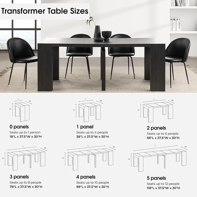 Transformer Table - Solid Wood Extendable Dining Table, Seats 2-12, Expandable Dining Room Table, Space-Saving Furniture, Kitchen and Dining Room Furniture (Black, Table + 2 Benches)