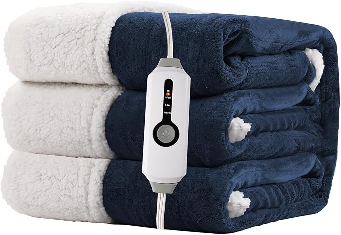 Electric Heated Blanket 72"x84" Full Size for Safe All Night Rest, Dual-Sided Microplush Sherpa for Bedroom Couch Use, 4 Heat Settings & 10 Hours Auto Off Energy Saving, Machine Washable-Dark Blue