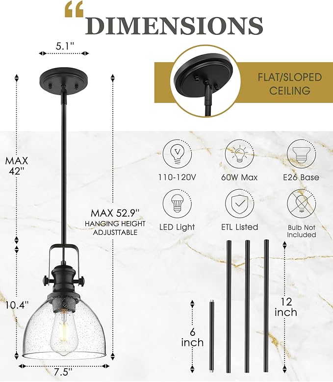 Black Pendant Lights Kitchen Island, 7.5" Farmhouse Pendant Lighting with Clear Seeded Glass Shade, Vintage Hanging Light Fixtures for Dining Room, AD-22151-1P-BK-G