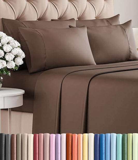 Queen 6 Piece Sheet Set - Comfy Breathable & Cooling - Ultra Soft Hotel Luxury Bedding Set w/ 8-16 Inch Deep Pockets - 1 Flat & 1 Fitted Sheet & 4 Pillowcases - Cozy, Wrinkle Free & Easy Care - Brown