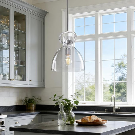 9.8'' Brushed Nickel Kitchen Pendant Lighting Over Island, Modern Pendant Lights Fixture,1-Light Adjustable Glass Pendant Lights for Kitchen Island Dining Room Bedroom E26