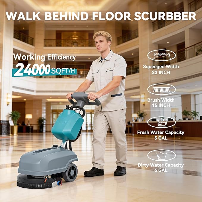 15" Walk Behind Floor Scrubber Machine, 23" Squeegee, 6 Gal Dirty Water Tank Capacity, Floor Scrubber with Brushes, Hard Floor Scrubbers for Office Cafe Boutique Clinic Commercial Tight Space