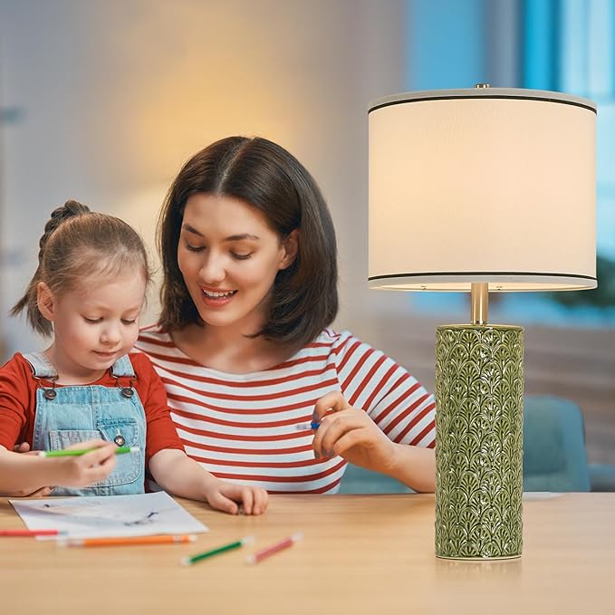27" Tall Farmhouse Table Lamp Set of 2, Large Ceramic Bedside Lamps for Bedroom Living Room, 3-Color Temperature Dimmable Nightstand Lamps with Bulbs Included, Modern Home Decor (Light Green)