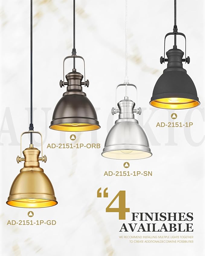 2 Pack Pendant Lights Kitchen Island, Farmhouse Hanging Lights Fixtures with Metal Shade, Rustic Kitchen Pendant Lighting Over Island for Dining Room, Brushed Gold, AD-2151-1P2-GD