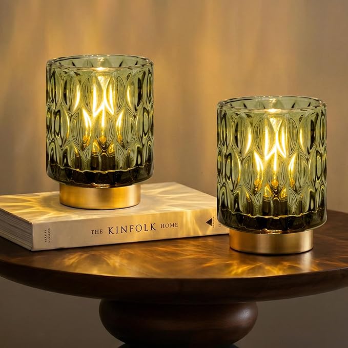 Battery Operated Table Lamps Timer, Mini Crystal Lamp for Area No Plug, Cordless Lamp with LED Bulb for Power Outage, Decorative Lamps for Tabletop/Corner/Entryway/Stairway/Bathroom (2 Green)