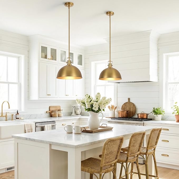 LamQee 13 Inch Brushed Gold Metal Pendant Light Kitchen Island, Farmhouse Modern Dome Pendant Light Fixtures Ceiling Hanging Lighting Chandelier for Dining Room Over Table, Bar, Hallway, Entryway