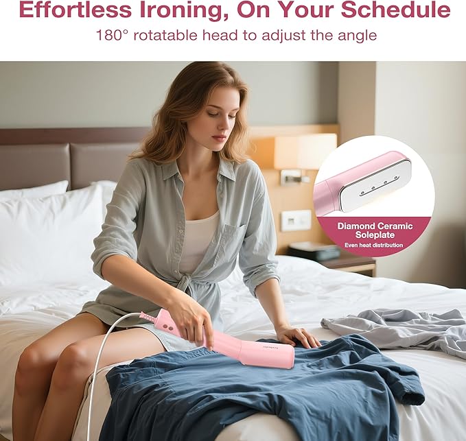 Newbealer 2in1 Travel Iron, 100-240V Clothes Steamer, 2 Steam Levels, Pink | Portable for On-the-Go, Heats in 20s, Dry Iron No Clamp, 180° Rotatable Head, 360° Leak-Proof, Auto-Off, Self-Cleaning, 90ml