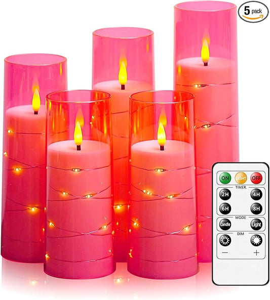 kakoya Flameless LED Candles with Timer 5 Pc Flickering Flameless Candles for Romantic Ambiance and Home Decoration Stable Acrylic Shell,with Embedded Star String，Battery Operated Candles(Pink)