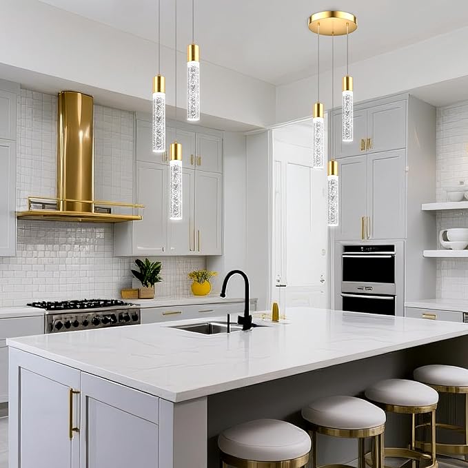 Pendant Lights Kitchen Island, 6500K Modern Kitchen Island Lights Brushed Gold, Ceiling Lighting Fixtures with Crystal Bubble, Integrated LED Hanging Light for Dining Room 1 Pack(3-Light)