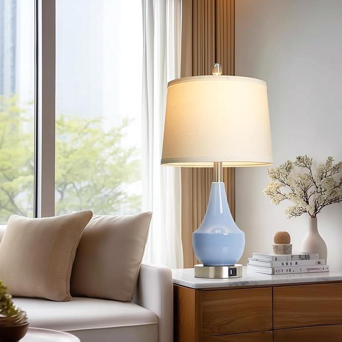 Cinyirong Modern Blue Table Lamp Set of 2, 24" Ceramic Table Lamp with USB A+C Ports,Classic Beside Lamps Nightstand Lamp Modern Lamp for Living Room, Bedroom & Office -LED Bulbs Included