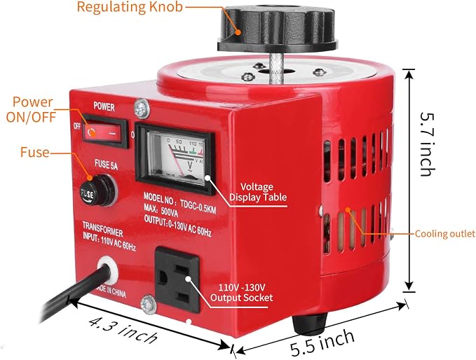 Voltage Transformer 5 Amp Auto AC Variable Voltage Regulator,500VAC Max,120VAC Input, 0-120V/130VAC Output