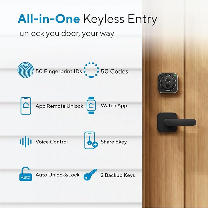 ULTRALOQ Bolt Fingerprint WiFi Smart Locks for Front Door with Door Sensor, Works with Apple Home, Alexa, Google, Keypad Door Lock with Handle, App Remote Access, Geofence Auto Unlock, Auto-Lock
