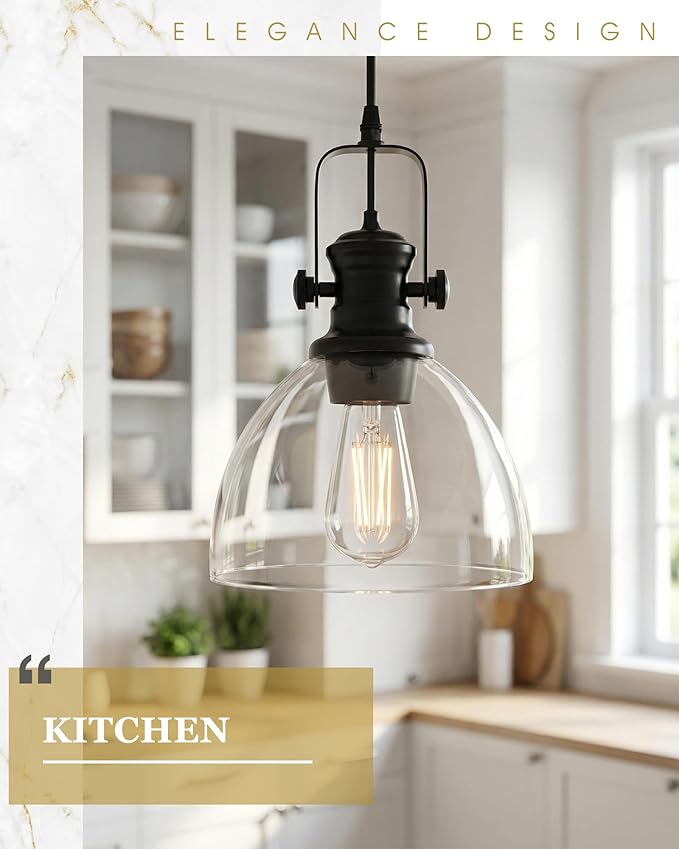 Black Pendant Lights Kitchen Island, 7.5" Farmhouse Pendant Lighting with Clear Glass Shade, Vintage Hanging Light Fixtures for Dining Room Entryway, Adjustable Cord, AD-22151-1P-BK-C