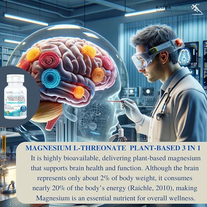 Kappa Nutrition alimenté par Magbrain™ Magnésium L-Thréonate végétal, 90 capsules véganes, 420mg de magnésium élémentaire (3 capsules) à partir de 2 253mg, soutien du cerveau, du sommeil et des muscles.