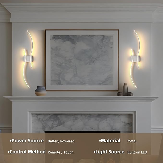 Battery Operated Wall Sconce Set of Two, Dimmable Modern LED Rechargeable Wall Light with Remote Control, Wall Decor for Living Room