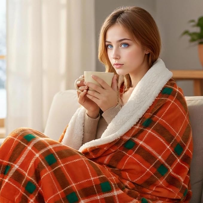 Electric Heated Blanket 72"x84" Full Size, Dual-Sided Flannel & Sherpa, 9 Heat Settings & 1-10H Auto Off, Soft Warm for Home Office Bed Couch, Machine Washable, Ideal Winter Gift, Orange