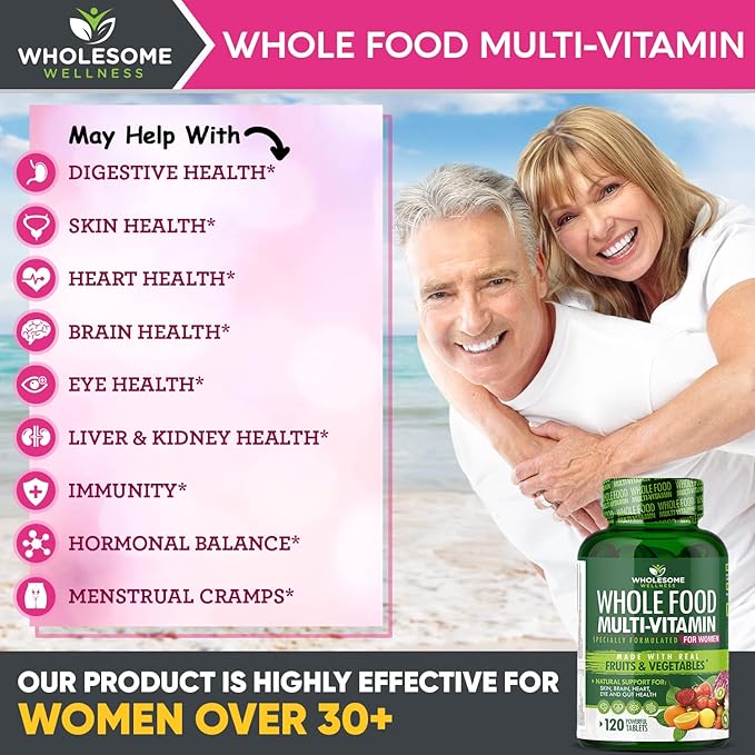 Multivitamine aliments complets Wholesome Wellness pour femmes – Multi-vitamines, minéraux, extraits biologiques naturels – 120 comprimés