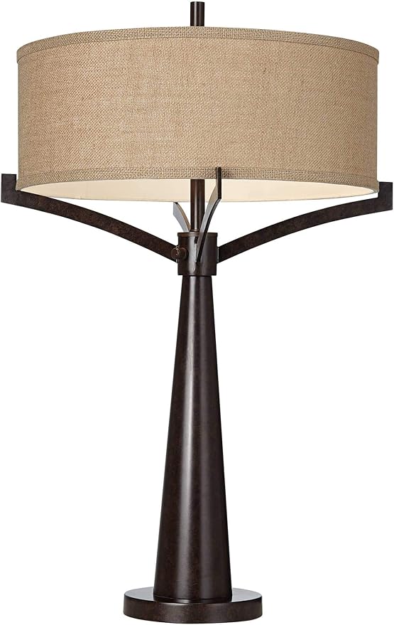 Franklin Iron Works Tremont Mid Century Modern Industrial Table Lamps 31.5" Tall Set of 2 Rich Bronze Iron Burlap Fabric Drum Shade for Living Room Bedroom House Bedside Nightstand Home Office