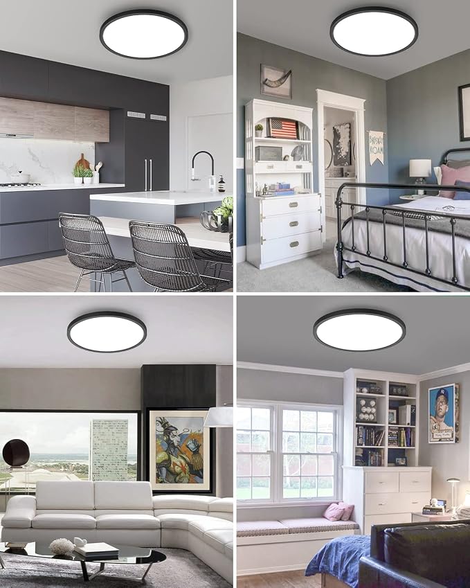 hepside 1PACK Flush Mount LED Ceiling Light Fixture Black, 12Inch 28W, Dimmable 3000K-4500K-6000K Ceiling Lamp 3200LM Low Profile Ceiling Light for Kitchen Bedroom Hallway