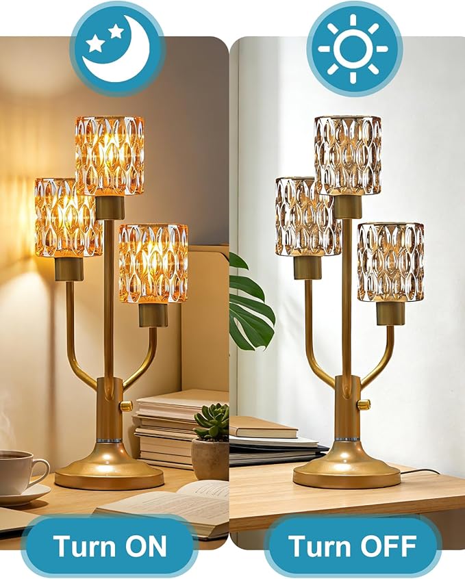 Mid Century Modern Vintage Table Lamp Dimmable Nightstand Lamp Gold Desk Lamp with Brown Glass 3 Bulbs Included Warmwhite Ambient Bedside Lamps for Bedroom Living Room Office Home Decor