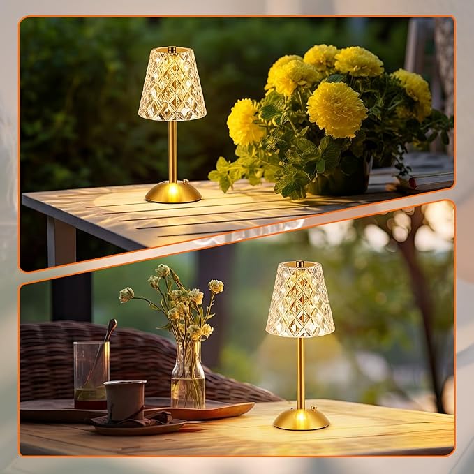 Liliful 4 Pcs Cordless Table Lamp Rechargeable Touch LED Small Gold Portable Battery Operated USB-c Desk Lamp 3 Color Dimmable for Bedroom Living Room Dining (Gold,Diamond Style)