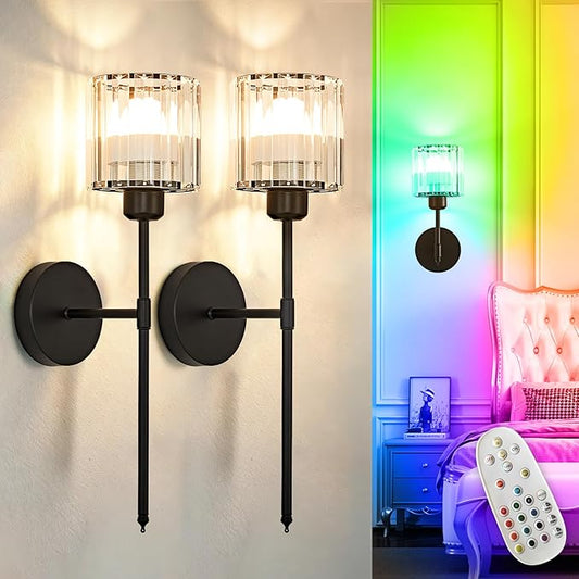Depuley Wall Sconces Battery Operated: Set of 2 Wireless Crystal Wall Lights with Remote for Bedroom - Rechargeable 15 Colors Black Wall Lamp for Living Room Hallway Home Decor