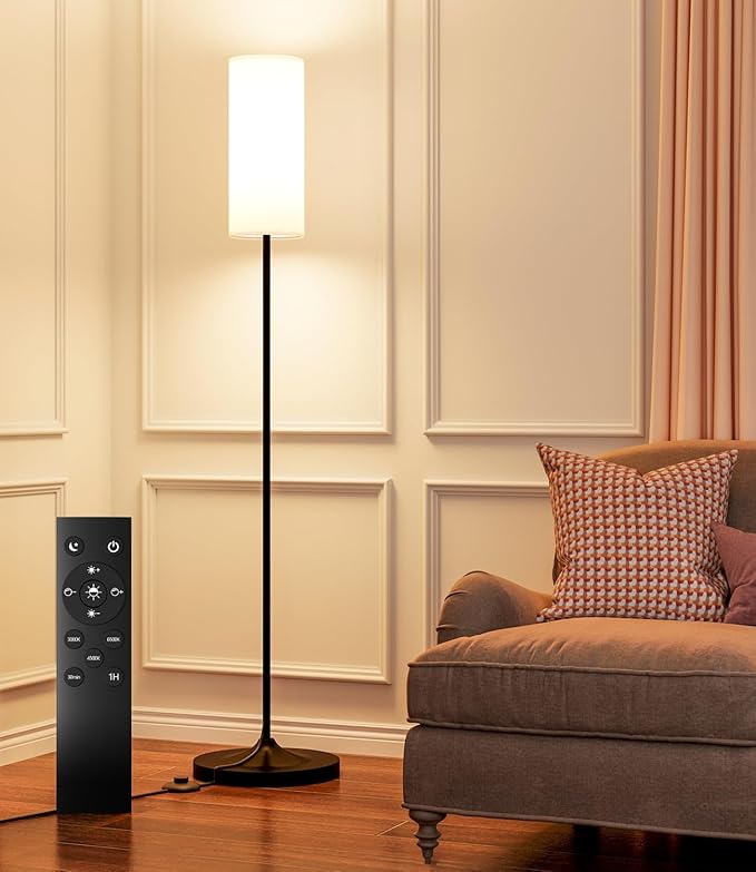 luckystyle Dimmable Floor Standing Tall Lamp, 12W Led Bulb with Lampshade, Foot Switch, Remote Custom Color Temperature Pole for Bedroom, Office, Kids & Living Room, Black