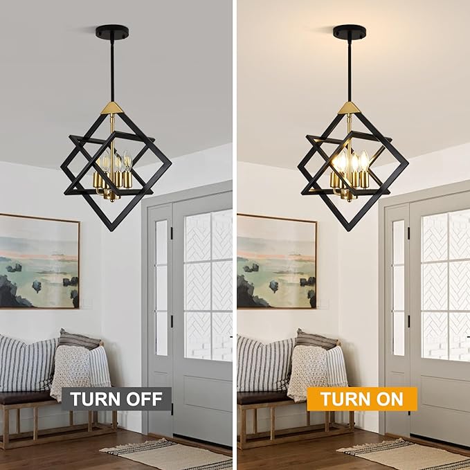 18" Modern Black and Gold Chandelier, No Assembly Required 4-Light Dining Room Light Fixture Over Table, Industrial Metal Hanging Pendant Lights Fixture for Kitchen Island, Entryway, Foyer